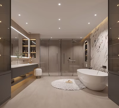 Modern Bathroom Interior Design With Free standing Bathtub Glass Shower And Marble Wall 3d model