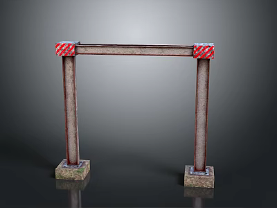 Metal Frame Structure With Red And White Striped Decorations And Concrete Bases 3d model