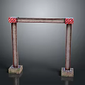 Metal Frame Structure With Red And White Striped Decorations And Concrete Bases