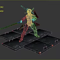 Armored Cyborg Warrior With Glowing Red Swords On Platform With Red Markers