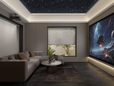 Home Theater Interior Design With Starry Sky Ceiling Large Screen Sofa Window Blinds And Potted Plant 3d model