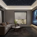 Home Theater Interior Design With Starry Sky Ceiling Large Screen Sofa Window Blinds And Potted Plant
