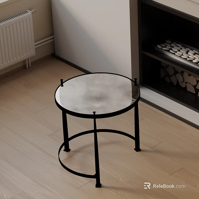 Modern Frosted Glass Top Side Table With Black Metal Frame On Wooden Floor Near Fireplace 3d model 