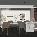 Modern Restaurant Interior Design With Marble Countertop Dining Table Chairs Artwork And Plants 3d model