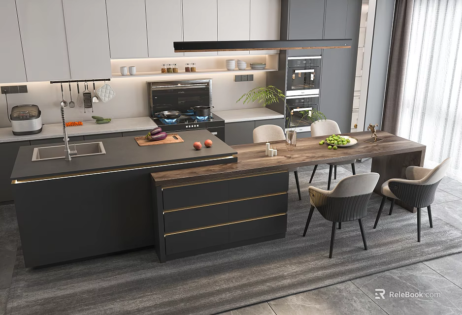 Modern Open Kitchen Interior With Island Counter Cabinets Dining Table And Chairs 3d model 