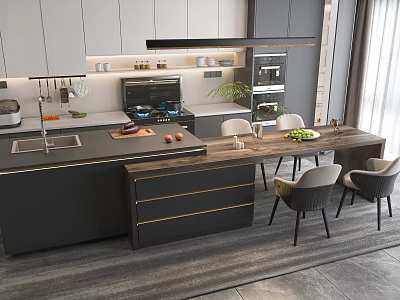 Modern Open Kitchen Interior With Island Counter Cabinets Dining Table And Chairs 3d model