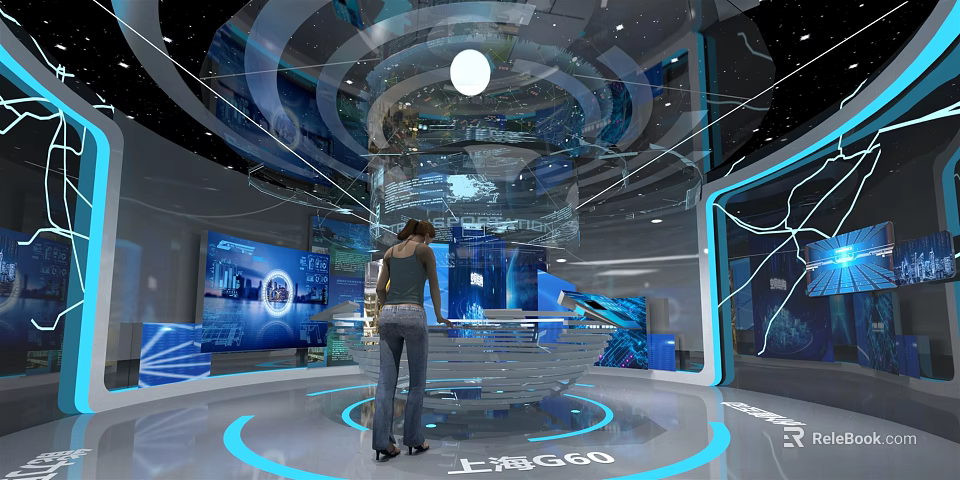 Shanghai G60 Modern Tech Exhibition Hall With Female Visitor Transparent Display Stand And Blue Lighting 3d model 