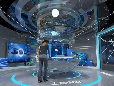 Shanghai G60 Modern Tech Exhibition Hall With Female Visitor Transparent Display Stand And Blue Lighting 3d model