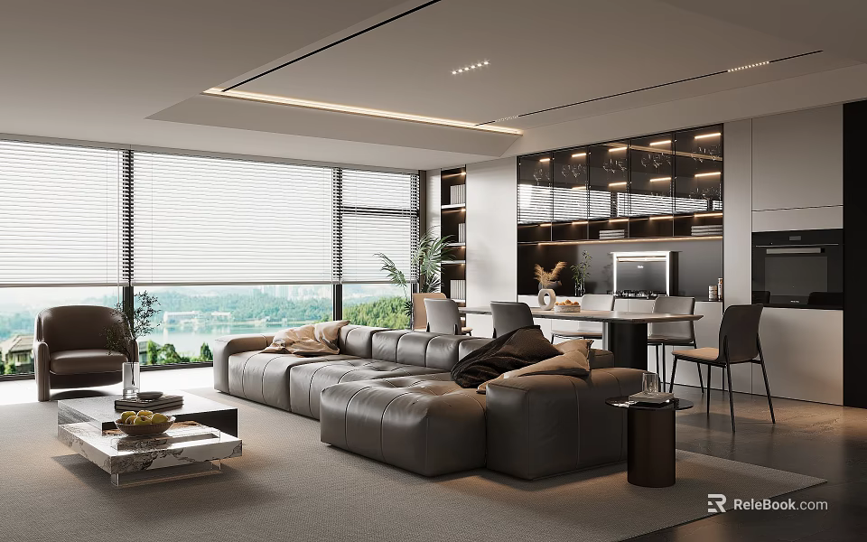 Modern Living and Dining Room Interior With Leather Sofa Dining Table And Large Windows 3d model