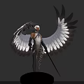 Fantasy Character And Winged Creature With Silver Feather Wings White Long Hair And Metal Decorations