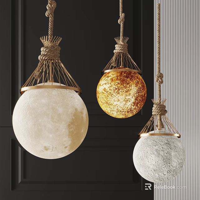 Stylish Spherical Pendant Lights With Rope Wrapped Metal Frames And Textured White Golden Surfaces 3d model 