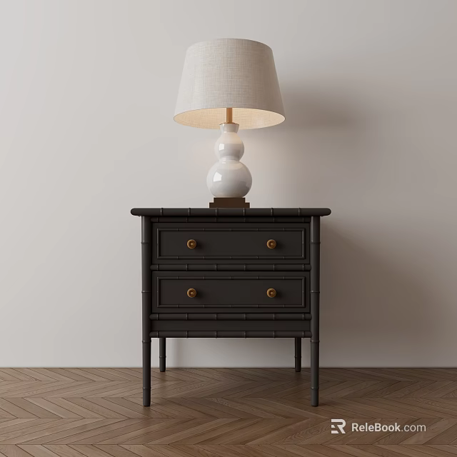 Dark Wood Nightstand With Two Drawers Gold Knobs And White Base Beige Shade Table Lamp 3d model