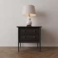 Dark Wood Nightstand With Two Drawers Gold Knobs And White Base Beige Shade Table Lamp 3d model