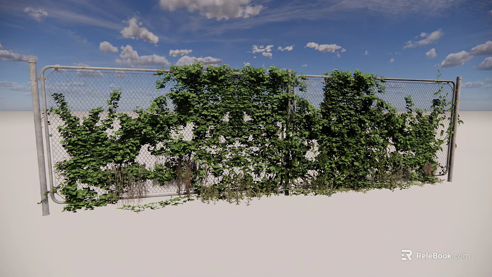 Green Vines Covering Metal Fence With Lush Leaves And Blue Sky Background 3d model 