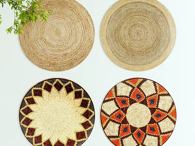 Various Woven Round Rugs with Natural Tones and Colorful Geometric Patterns for Home Decor 3d model