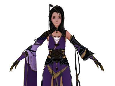 Woman In Traditional Purple And Black Costume With Long Sleeves And Decorative Belt 3d model