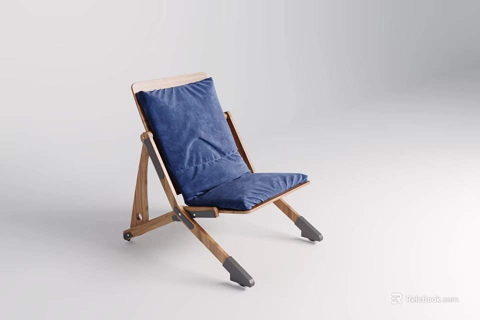Minimalist Lounge Chair with Wooden Frame and Navy Blue Cushion 3d model 
