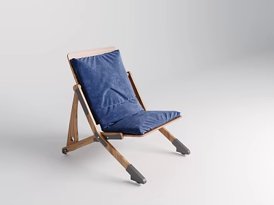 Minimalist Lounge Chair with Wooden Frame and Navy Blue Cushion 3d model