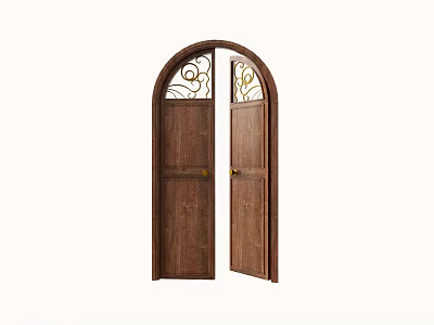 Open Wooden Double Doors With Arched Top And Decorative Wrought Iron Details 3d model