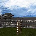 Traditional Ancient Architecture Courtyard With Hanging Lanterns Curved Roofs And Wooden Pavilions