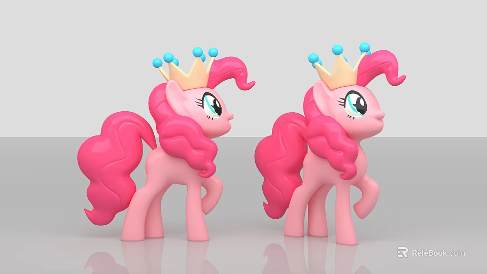 Two Pink Pony Figurines with Golden Crown Blue Balls Curly Mane Tail Photo Spot 3d model 
