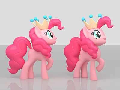 Two Pink Pony Figurines with Golden Crown Blue Balls Curly Mane Tail Photo Spot 3d model