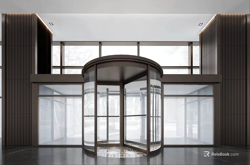 Modern Building Lobby Featuring Revolving Glass Door And Large Windows 3d model 