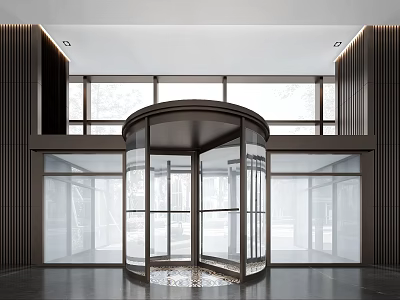 Modern Building Lobby Featuring Revolving Glass Door And Large Windows 3d model