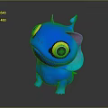 Cute Blue Cartoon Creature With Big Yellow Eyes Small Horns And Colorful Fins
