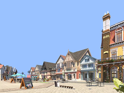 Charming Commercial Street Featuring Diverse Architectural Styles Pedestrian Plaza And Outdoor Seating 3d model