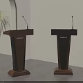 Modern Wooden And Black Podiums With Microphones And Madom Branding In Bright Indoor Setting