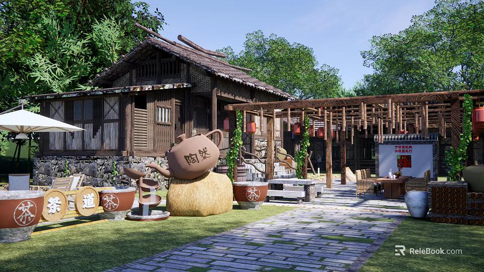 Traditional Garden Landscape Featuring Wooden Architecture Tea Pot Decor and Green Plant Courtyard 3d model 