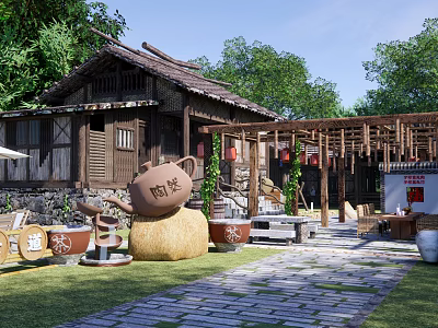 Traditional Garden Landscape Featuring Wooden Architecture Tea Pot Decor and Green Plant Courtyard 3d model