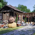 Traditional Garden Landscape Featuring Wooden Architecture Tea Pot Decor and Green Plant Courtyard