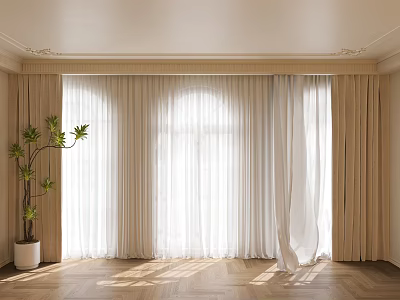 Elegant Beige And White Sheer Curtains In Living Room With Wooden Floor And Natural Light 3d model
