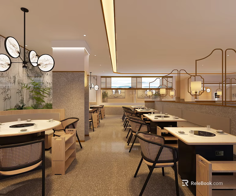 Elegant Modern Hot Pot Restaurant Interior With Round Pendant Lights And Wooden Dining Tables 3d model 
