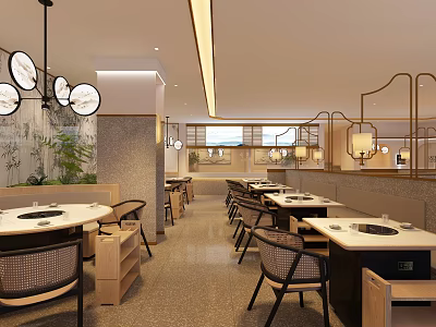 Elegant Modern Hot Pot Restaurant Interior With Round Pendant Lights And Wooden Dining Tables 3d model