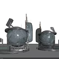 Cartoon Scene With Two Large Spherical Sci Fi Buildings Metallic Texture Antenna Structures Platform Bases 3d model