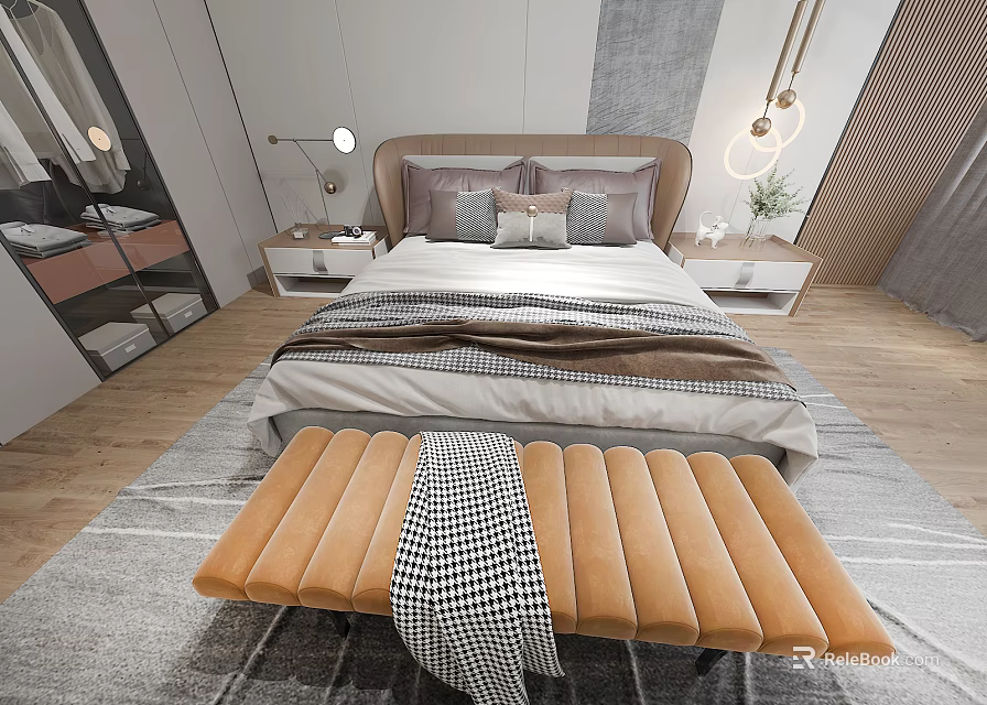Modern Double Bed with Headboard Pillows Bedspread Nightstands Table Lamps Bench and Rug 3d model 