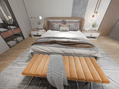 Modern Double Bed with Headboard Pillows Bedspread Nightstands Table Lamps Bench and Rug 3d model