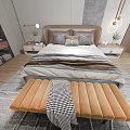 Modern Double Bed with Headboard Pillows Bedspread Nightstands Table Lamps Bench and Rug
