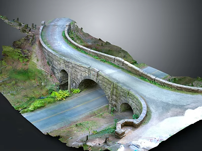 Stone Arch Bridge Model With Curved Road And Green Plant Surroundings 3d model