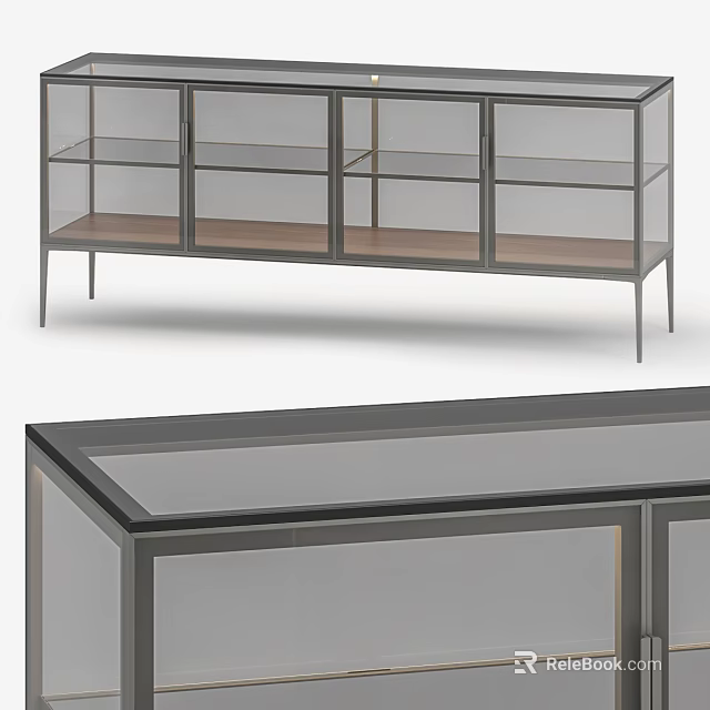 Modern Console Table Sideboard With Glass Doors Metal Frame And Wooden Shelves 3d model 