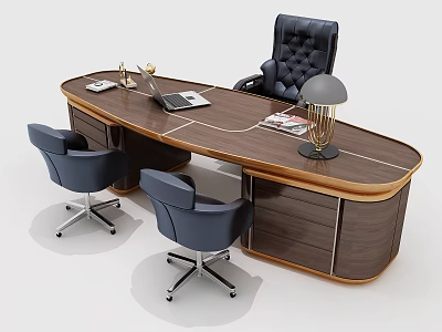 Elegant Modern Oval Wooden Office Desk With Laptop Magazines Lamp And Leather Chairs 3d model