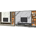 Modern TV Background Wall Interior Design With Marble Texture And Wooden Cabinets 3d model