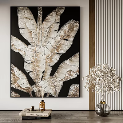 Gold Black Leaf Art Painting With White Flower Vase In Modern Interior Decor 3d model