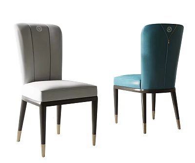 Modern Gray and Blue Dining Chairs with Upholstered Backrests Dark Wooden Legs Gold Tips 3d model