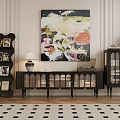 Elegant TV Cabinet With Louvered Doors Lamp Record Player And Decorative Painting On Paneled Walls