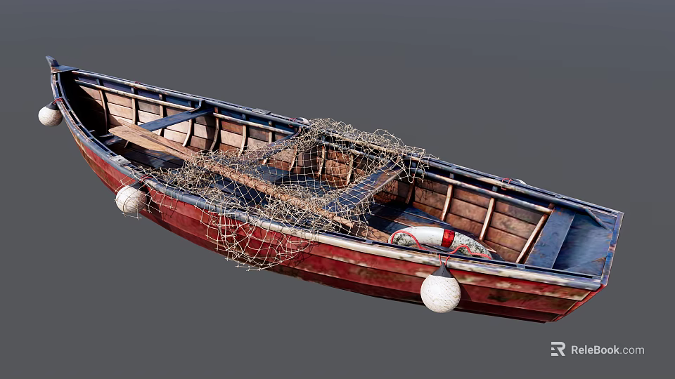 Traditional Red Wooden Boat With Fishing Net White Buoys And Wooden Structure 3d model 