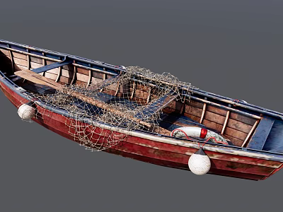 Traditional Red Wooden Boat With Fishing Net White Buoys And Wooden Structure 3d model